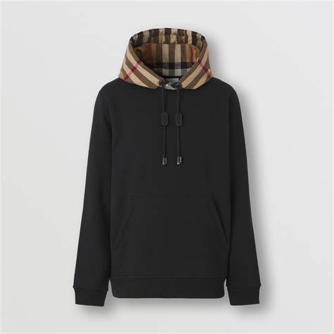 burberry fleece-back cotton-blend jersey sweatshirt|Check Hood Cotton Blend Hoodie in Black/birch brown .